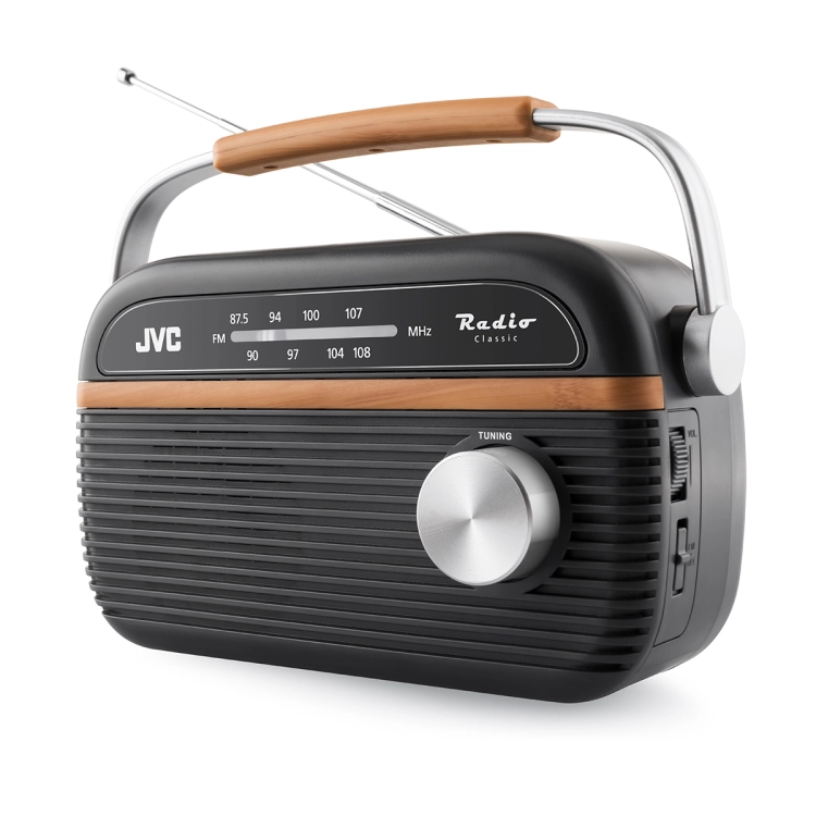 Kompaktowe radio przenośne JVC RA-E215G w eleganckiej, szarej obudowie.