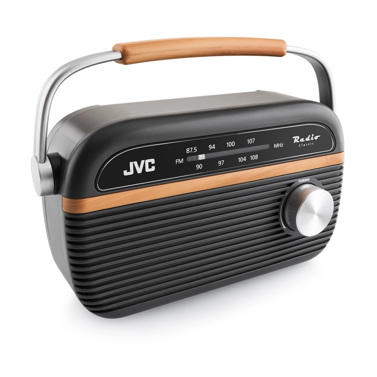 Relaks przy ulubionej muzyce na tarasie dzięki przenośnemu radiu JVC RA-E215G.