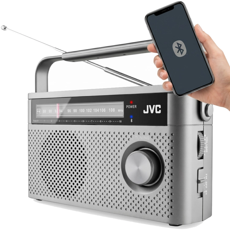 Klasyczne radio przenośne JVC RA-E315G w eleganckiej, szarej obudowie.