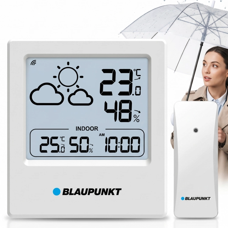 Kompaktowa, biała stacja pogodowa Blaupunkt WS10WH z bezprzewodowym czujnikiem.