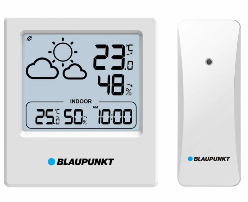 Czytelny wyświetlacz LCD prezentujący temperaturę i wilgotność w modelu Blaupunkt WS10WH.