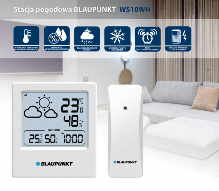Graficzna prognoza pogody oraz zintegrowany zegar cyfrowy w urządzeniu Blaupunkt WS10WH.