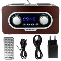 Przenośny radioodtwarzacz Blaupunkt PP5.2BR w eleganckiej obudowie z ciemnego drewna retro.