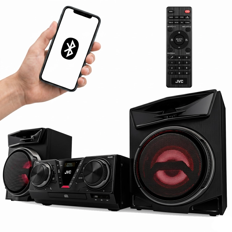 Nowoczesna mini wieża JVC MX-E325B z głośnikami w eleganckiej, czarnej obudowie.