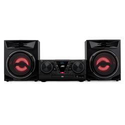 Wyraźny wyświetlacz cyfrowy i taca odtwarzacza płyt CD w systemie audio JVC MX-E325B.