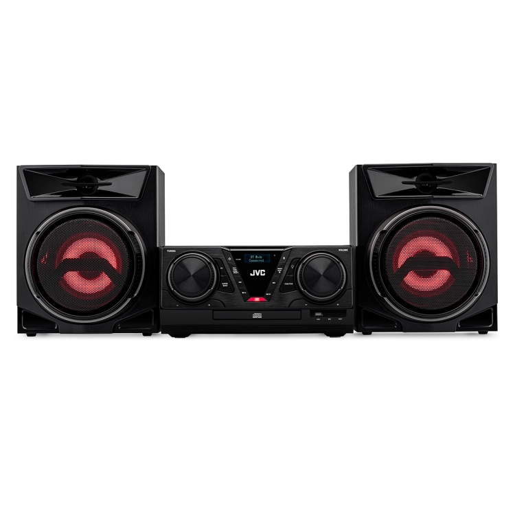 Wyraźny wyświetlacz cyfrowy i taca odtwarzacza płyt CD w systemie audio JVC MX-E325B.