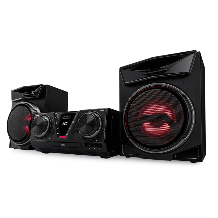 Dwudrożne kolumny głośnikowe o łącznej mocy 100 W w zestawie muzycznym JVC MX-E325B.