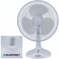 Klasyczny wentylator biurkowy Blaupunkt ATF401 o średnicy 30 cm w białej obudowie.