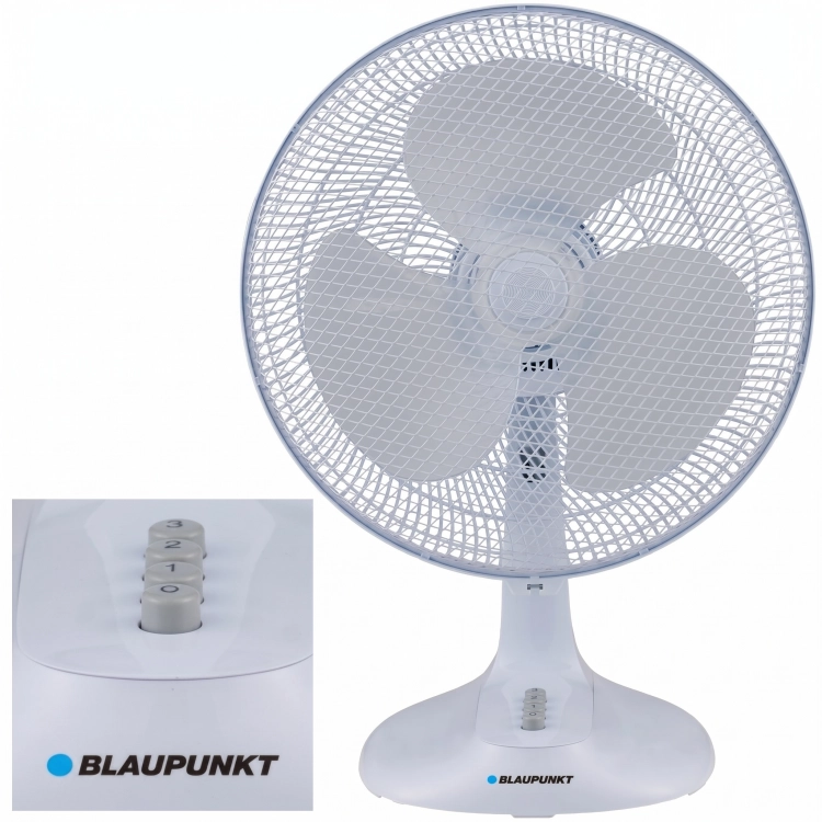 Klasyczny wentylator biurkowy Blaupunkt ATF401 o średnicy 30 cm w białej obudowie.