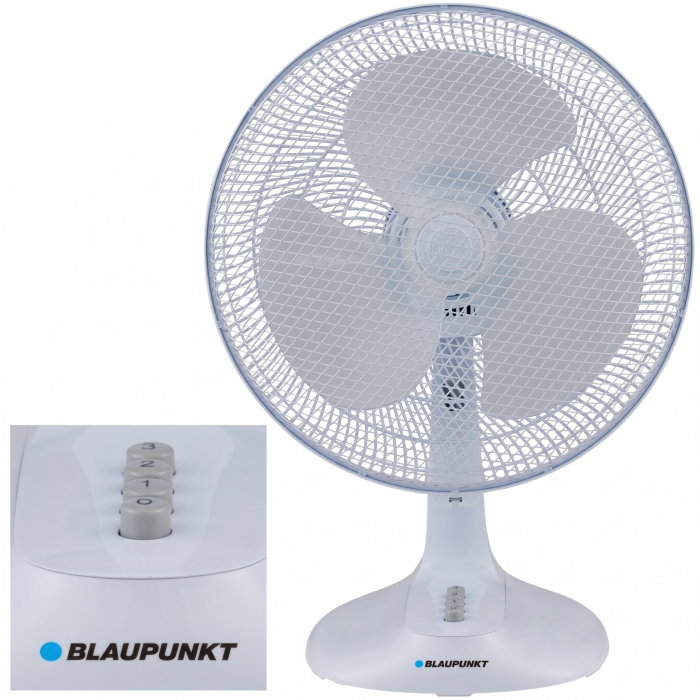 Klasyczny wentylator biurkowy Blaupunkt ATF501 o średnicy 40 cm w białej obudowie.