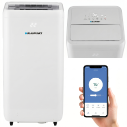 Nowoczesny klimatyzator przenośny Blaupunkt ACP309 w jasnym, nowoczesnym salonie.