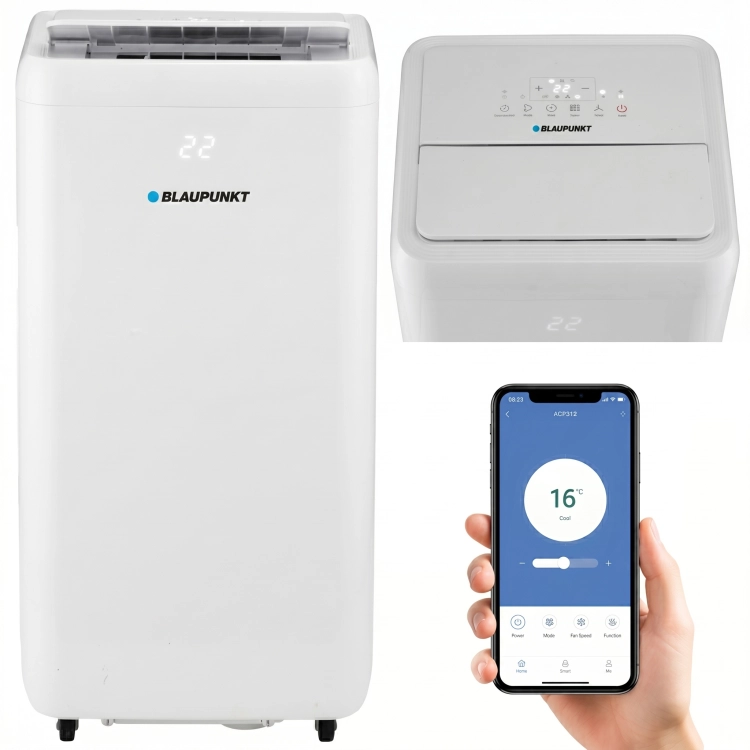 Nowoczesny klimatyzator przenośny Blaupunkt ACP309 w jasnym, nowoczesnym salonie.