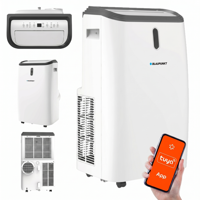 Potężny klimatyzator przenośny Blaupunkt ACP616H w eleganckiej, białej obudowie z bocznym wyświetlaczem.