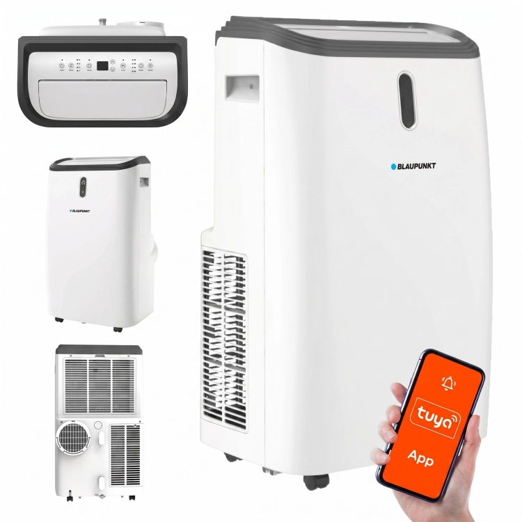 Potężny klimatyzator przenośny Blaupunkt ACP616H w eleganckiej, białej obudowie z bocznym wyświetlaczem.