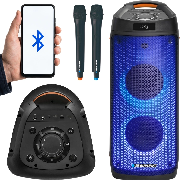 Przenośny głośnik Power Audio Blaupunkt PB06DB z aktywnym podświetleniem LED na froncie.