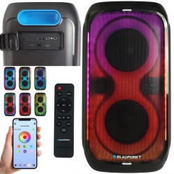 Przenośny głośnik Party Box Blaupunkt PB60X w czarnej obudowie z oświetleniem LED.