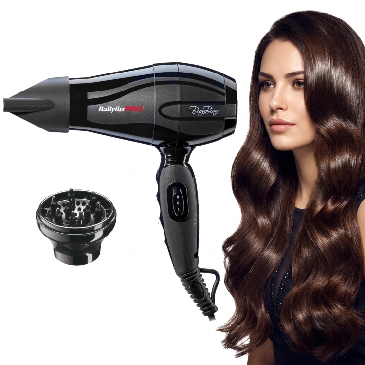 Kompaktowa suszarka podróżna BaByliss PRO BAB5510E Bambino w czarnej obudowie.