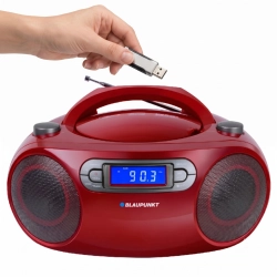 Przenośny boombox Blaupunkt BB18RD w nowoczesnej, czerwonej obudowie z czarnymi detalami.
