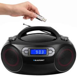 Przenośny boombox Blaupunkt BB18BK w uniwersalnej, całkowicie czarnej obudowie.