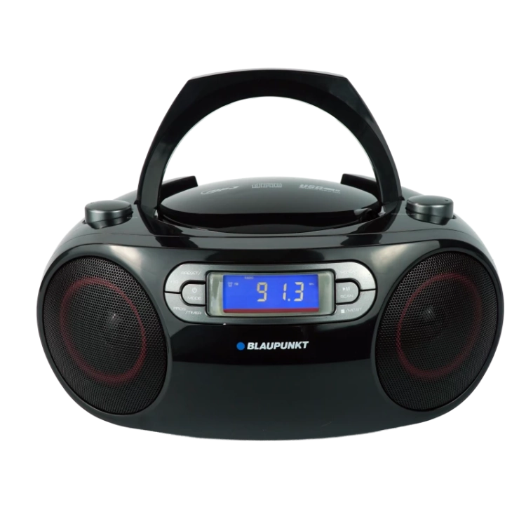 Otwierany od góry mechanizm napędu płyt CD (Audio/MP3) w radiu Blaupunkt BB18BK.
