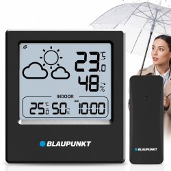 Stacja pogodowa Blaupunkt WS10BK w czarnej obudowie z czytelnym wyświetlaczem LCD.