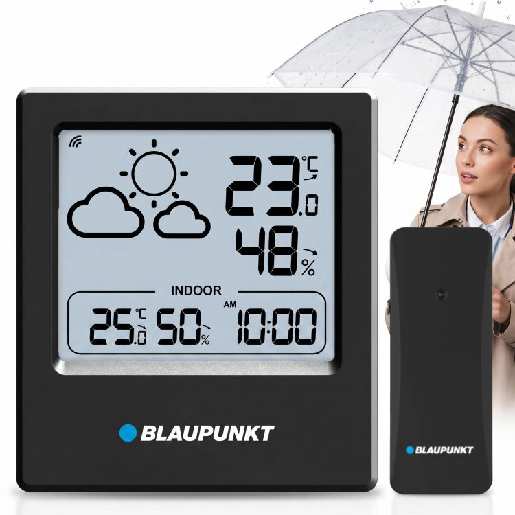Stacja pogodowa Blaupunkt WS10BK w czarnej obudowie z czytelnym wyświetlaczem LCD.