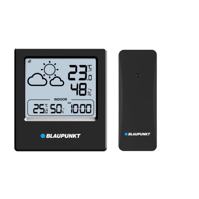 Zewnętrzny czujnik bezprzewodowy do pomiaru temperatury dołączony do stacji Blaupunkt.