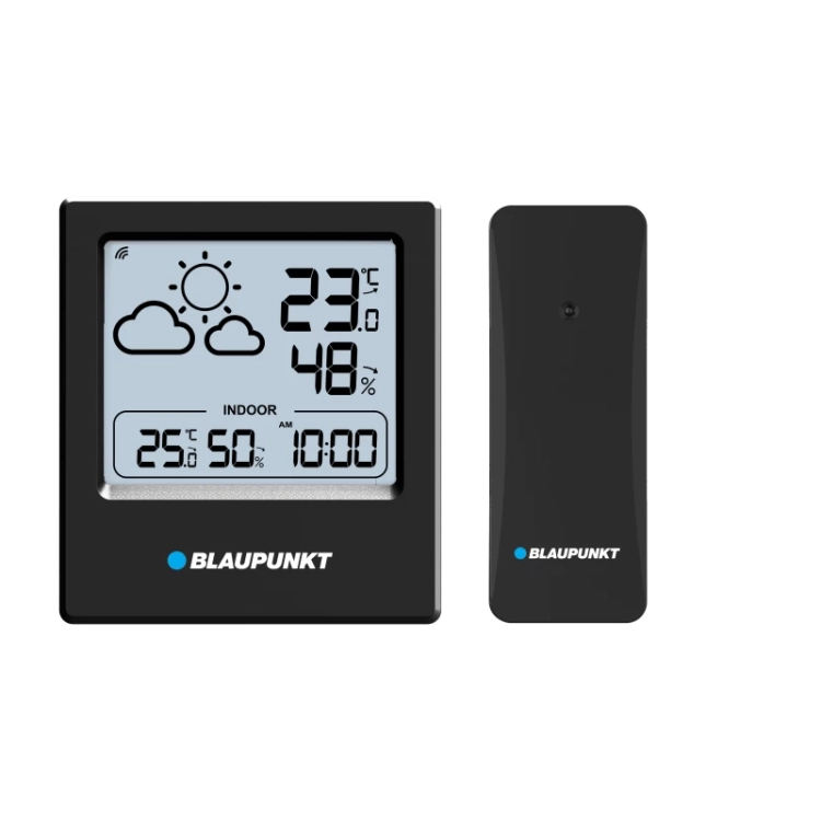Zewnętrzny czujnik bezprzewodowy do pomiaru temperatury dołączony do stacji Blaupunkt.