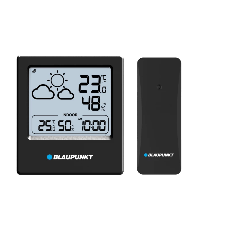 Zewnętrzny czujnik bezprzewodowy do pomiaru temperatury dołączony do stacji Blaupunkt.