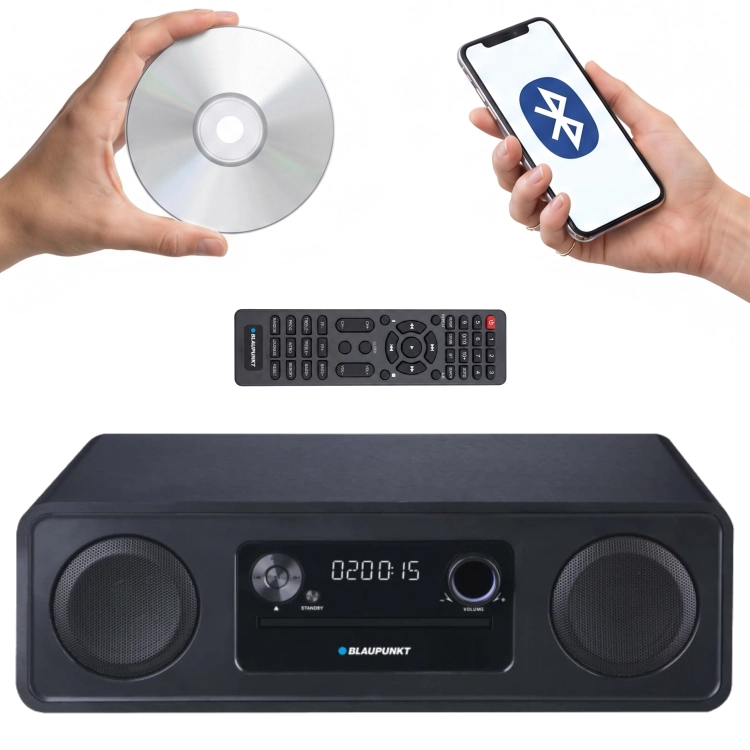 Mikrowieża stereo Blaupunkt MS20BK w klasycznej, czarnej obudowie.
