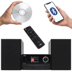 Kompaktowa mikrowieża stereo JVC UX-E225B w eleganckiej, czarnej obudowie.