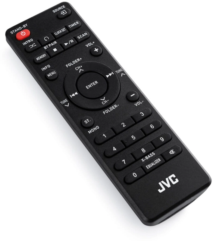 Intuicyjny pilot zdalnego sterowania dołączony do wieży stereo JVC.