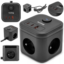 Nowoczesna kostka zasilająca Huslog HUS1002 z portami USB-C i gniazdami sieciowymi.