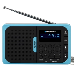 Kompaktowe miniradio przenośne Blaupunkt PR5BL w czarnej obudowie z niebieskimi detalami.