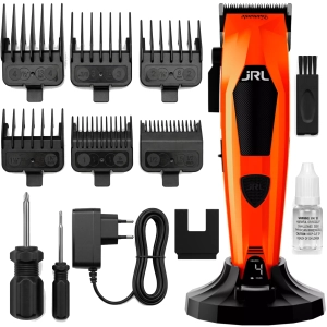 Kompletny zestaw barberski JRL Diamante 2025CH z 6 nasadkami premium, oliwką i narzędziem kalibracyjnym.