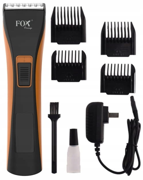 Kompletny pakiet narzędzi barberskich z nasadkami oraz bezprzewodowa maszynka do strzyżenia włosów FOX Orange.
